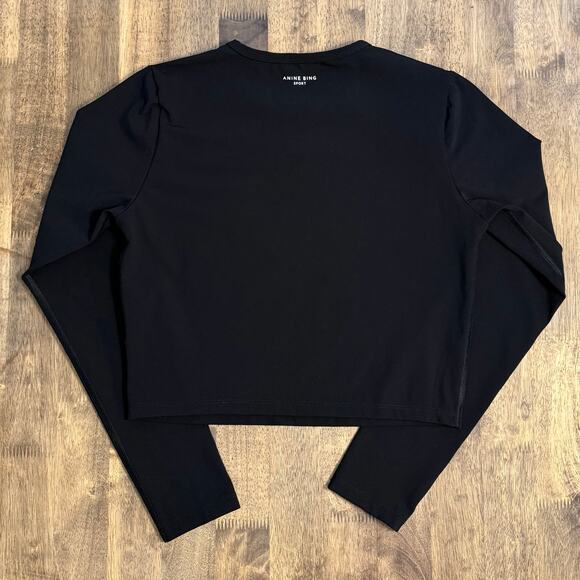 Anine Bing Sport Roxie Top Long Sleeve Active Cropped Logo Black Women’s Large - Picture 8 of 8